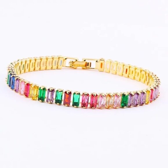 MULTICOLOR CZ TENNIS BRACELET DIPPED IN18K GOLD HAS A BUCKLE BACK CLOSURE - Picture 1 of 1